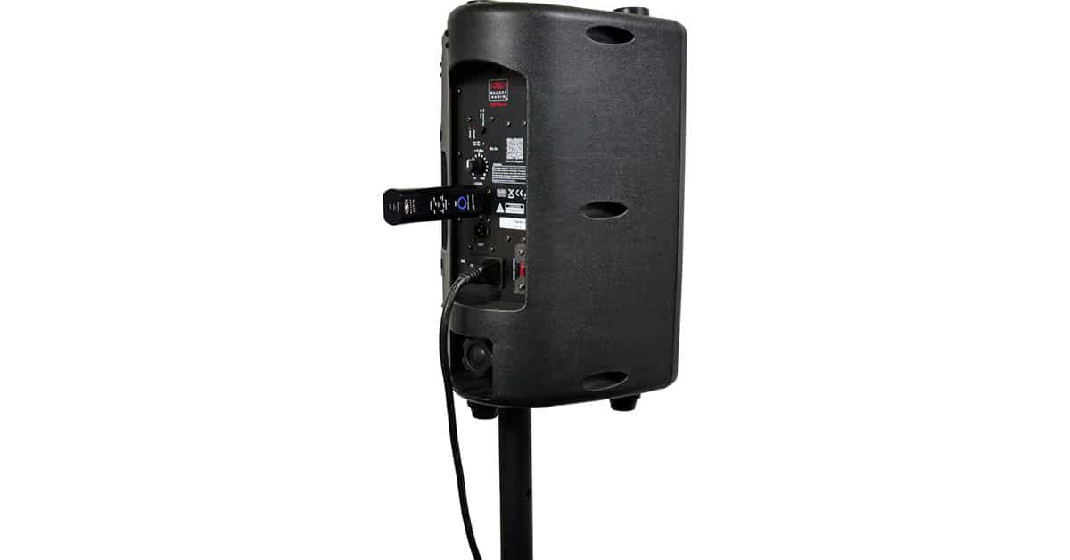 JIB/BT5R Wireless XLR Bluetooth 5.0 Receiver plugged into Powered PA speaker