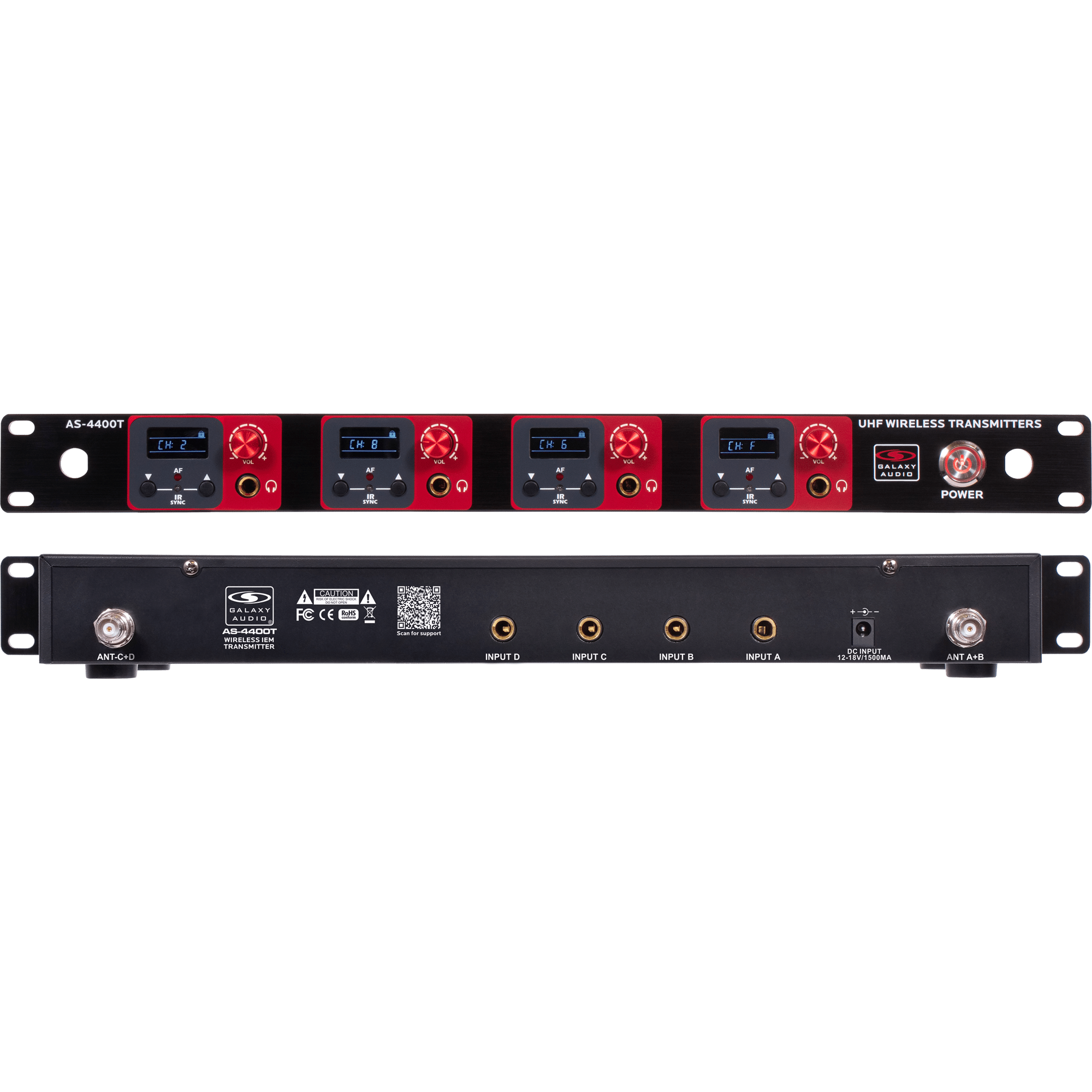 AS-4400T Transmitter Quad Wireless In-Ear Monitor Front and Back Panel