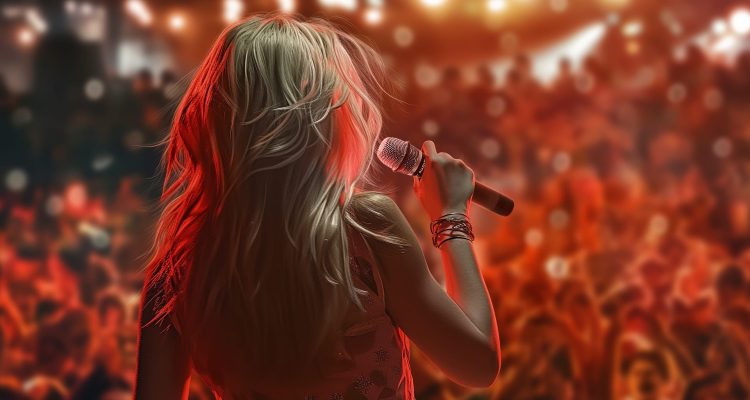 Female singing into a wireless mic performing live on stage