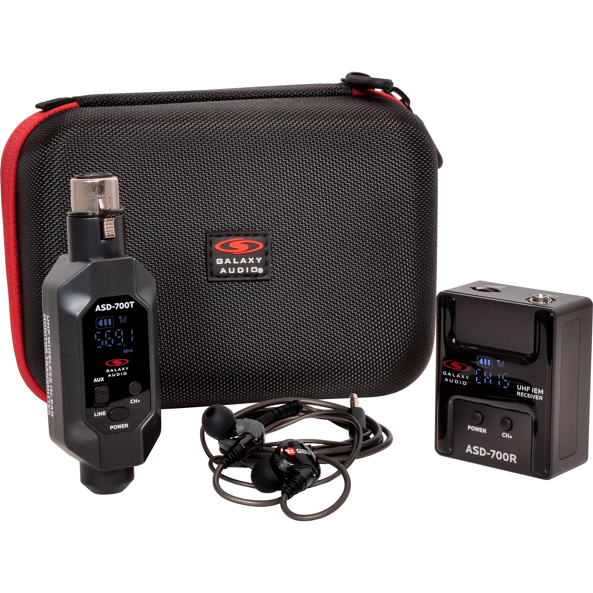 ASD-700 UHF Wireless In-Ear Monitor System with included case, and earbuds.
