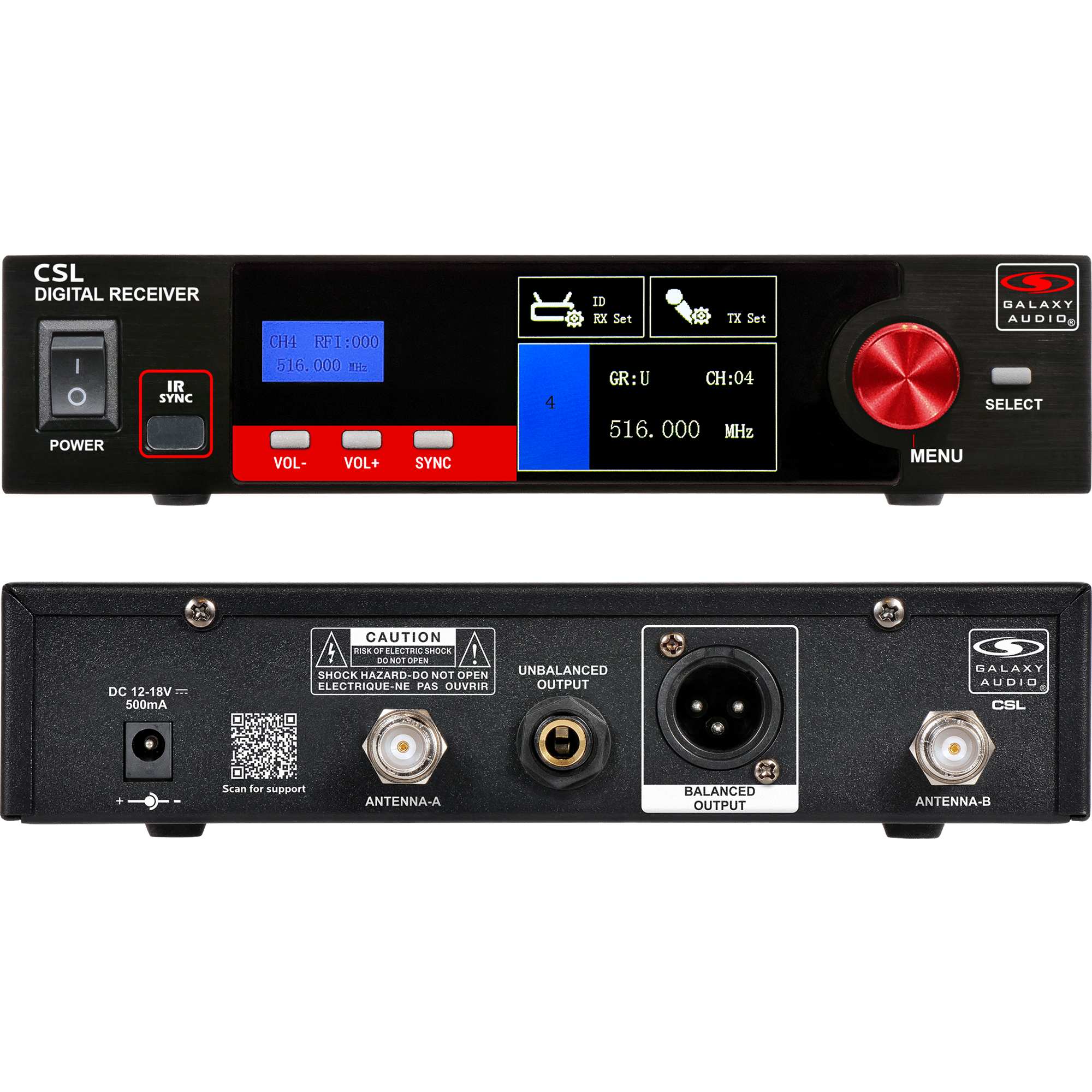 CSL Single Channel Digital UHF True Diversity Wireless Microphone Receiver Front and Back