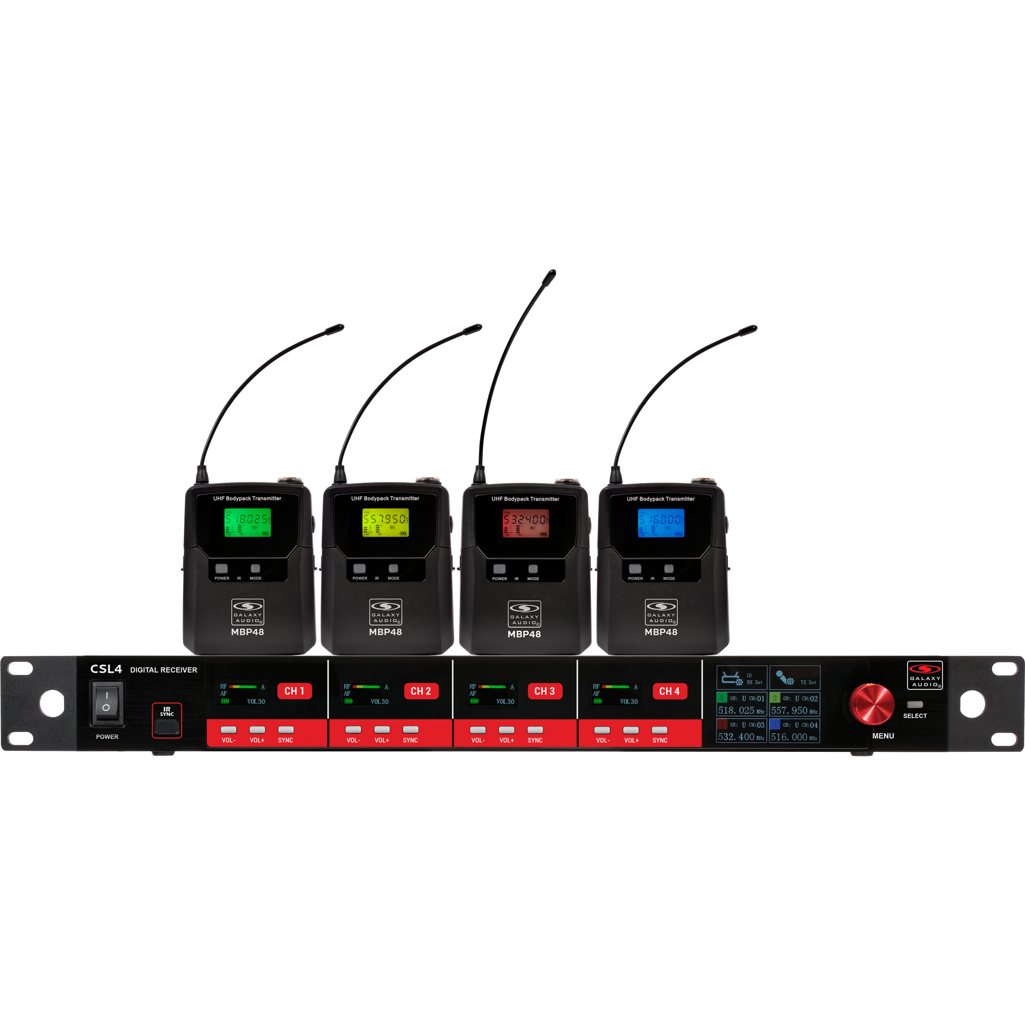 CSL4-BBBB Four-Channel Digital UHF True Diversity Wireless Microphone System. Includes CSL4 QUAD Receiver w/ four independent receivers in a single 1U rackmount chassis & (4) MBP48 Body Packs