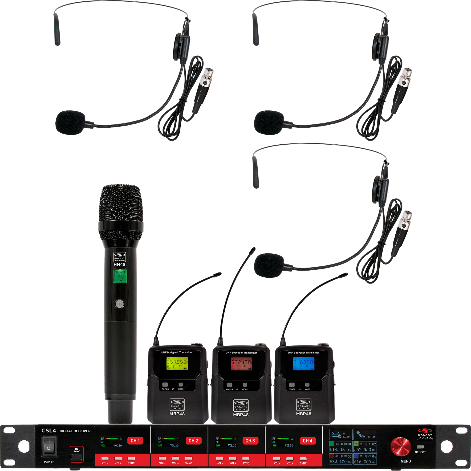 CSL4-HSSS Four-Channel Digital UHF True Diversity Wireless Microphone System. Includes CSL4 QUAD Receiver w/ four independent receivers in a single 1U rackmount chassis, (1) HH48 Handheld Mic & (3) MBP48 Body Pack Transmitters w/ headset Mics.