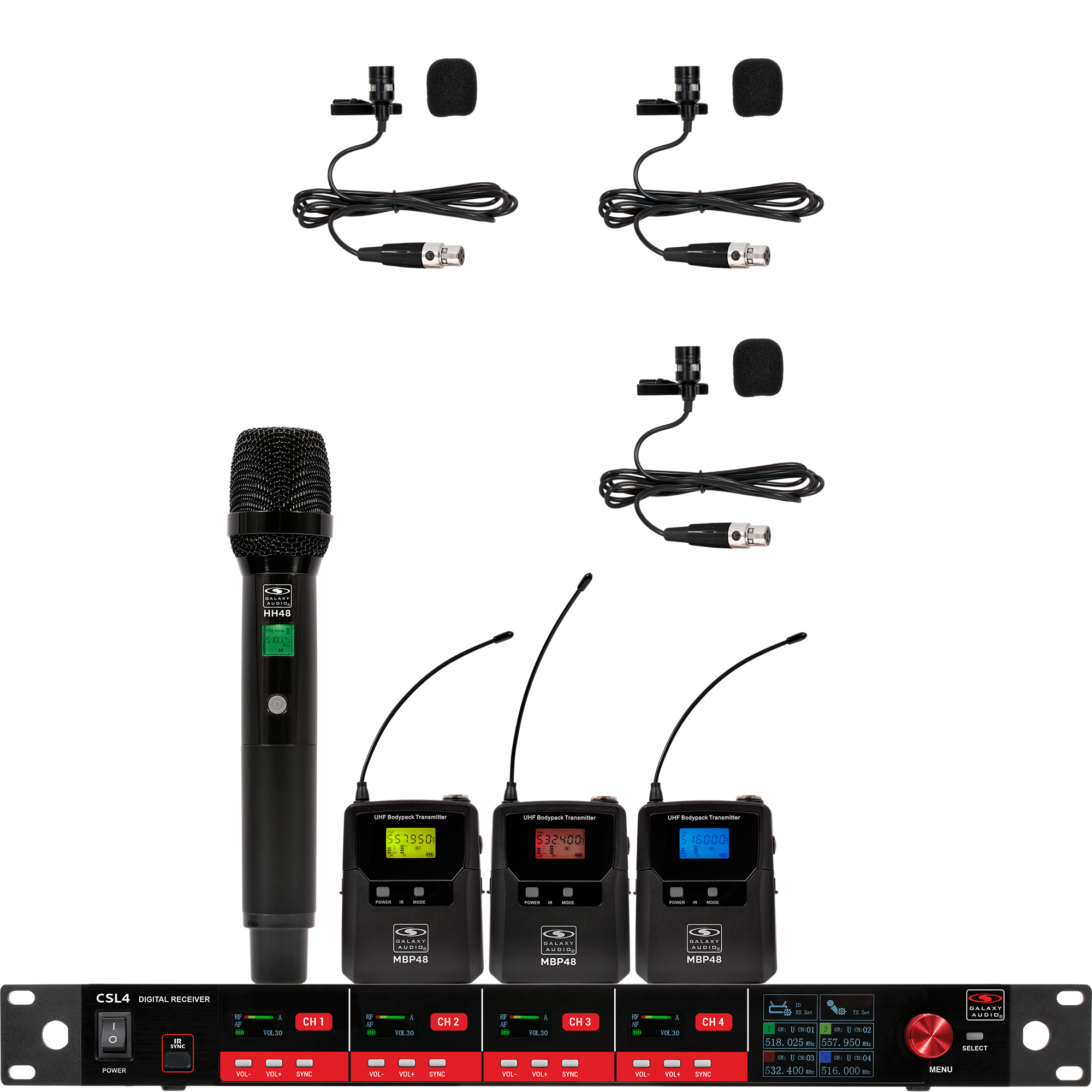 CSL4-HVVV Four-Channel Digital UHF True Diversity Wireless Microphone System. Includes CSL4 QUAD Receiver w/ four independent receivers in a single 1U rackmount chassis, (1) HH48 Handheld Mic & (3) MBP48 Body Pack Transmitters w/ Lavaliers.