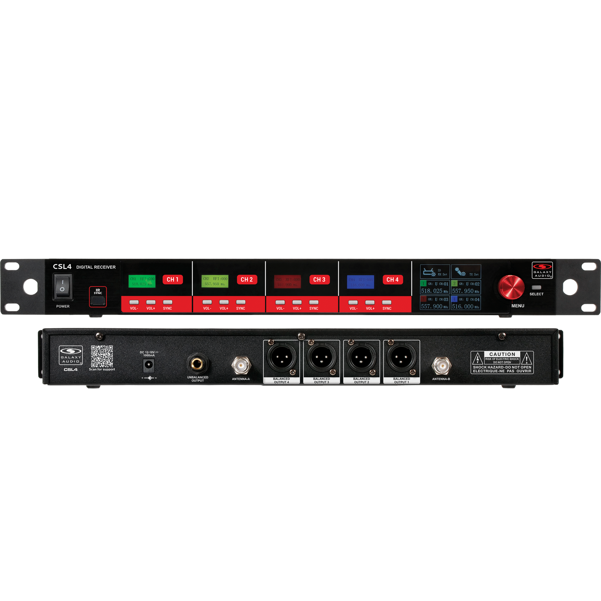 CSL4 Four-Channel Digital UHF True Diversity Wireless Microphone Receiver front and Back