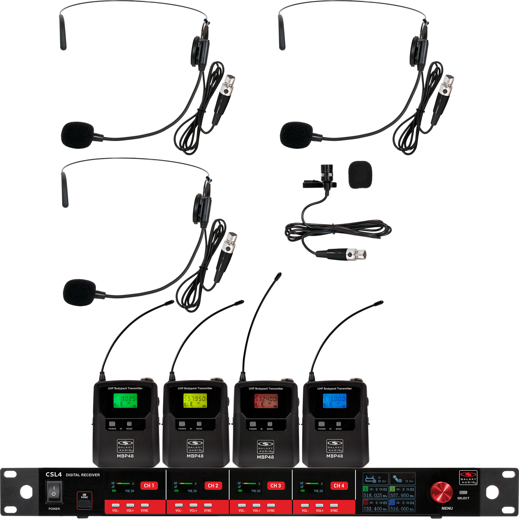 CSL4-SSSV Four-Channel Digital UHF True Diversity Wireless Microphone System. Includes CSL4 QUAD Receiver w/ four independent receivers in a single 1U rackmount chassis, (3) MBP48 Body Pack Transmitters w/ Headset Mics, & (1) MBP48 Body Pack Transmitter w/ Lavalier.
