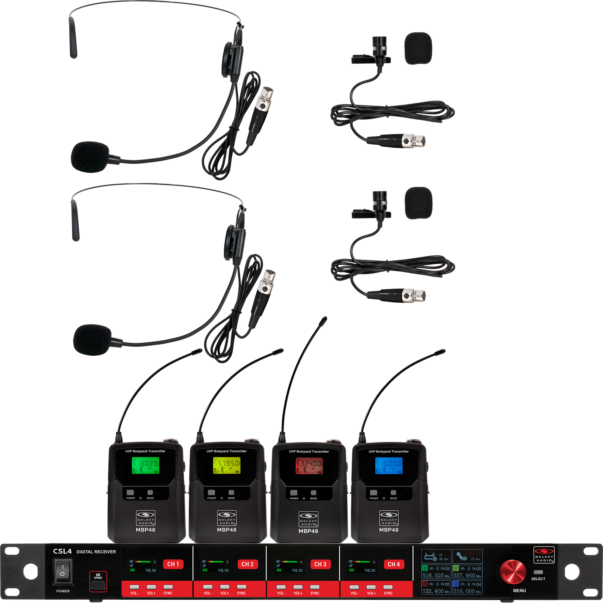 CSL4-SSVV Four-Channel Digital UHF True Diversity Wireless Microphone System. Includes CSL4 QUAD Receiver w/ four independent receivers in a single 1U rackmount chassis, (2) MBP48 Body Pack Transmitters w/ Headset Mics, & (2) MBP48 Body Pack Transmitters w/ Lavaliers.
