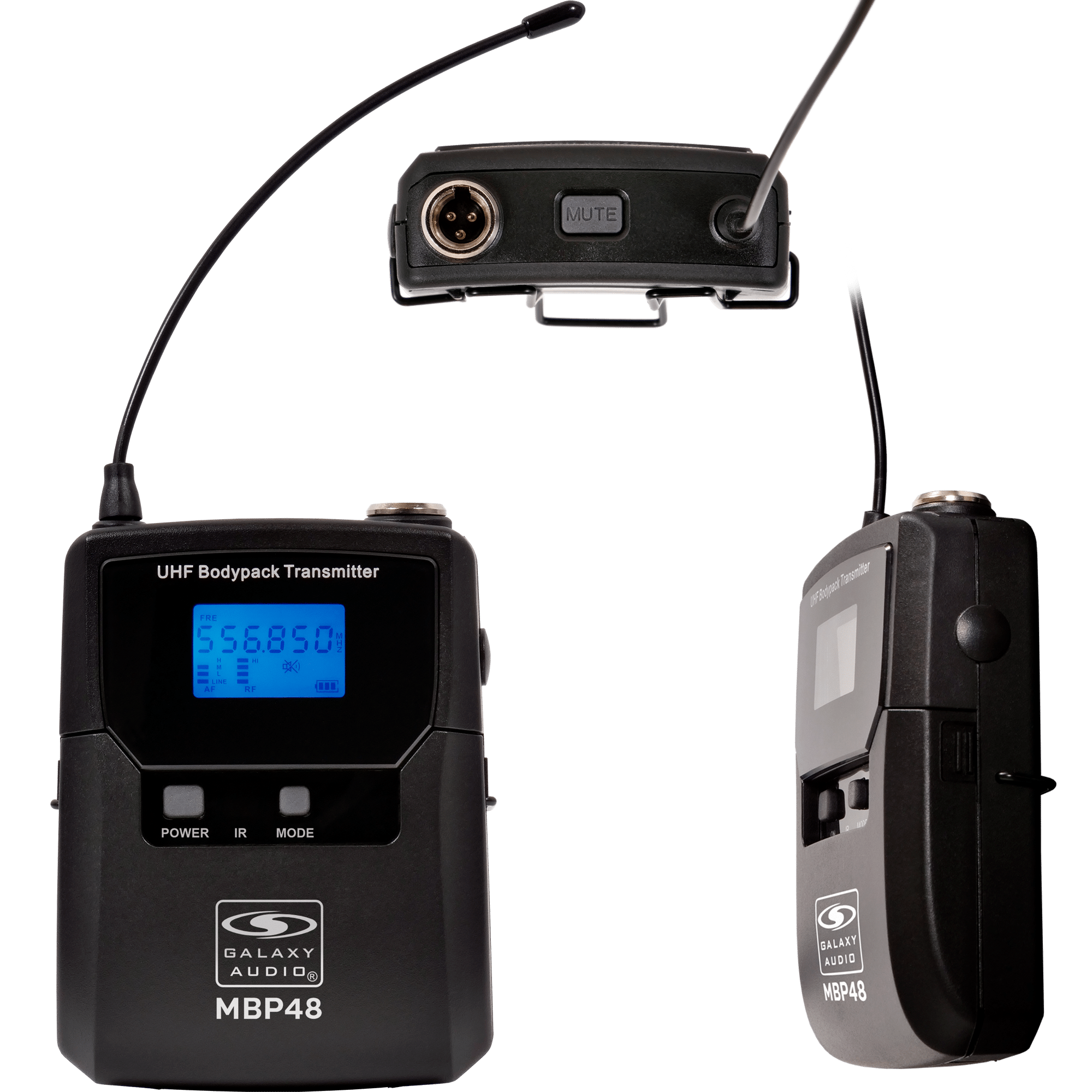 MBP48 Body Pack Transmitter for CSL and CSL4 Quad Receivers. Front - back and angle views.